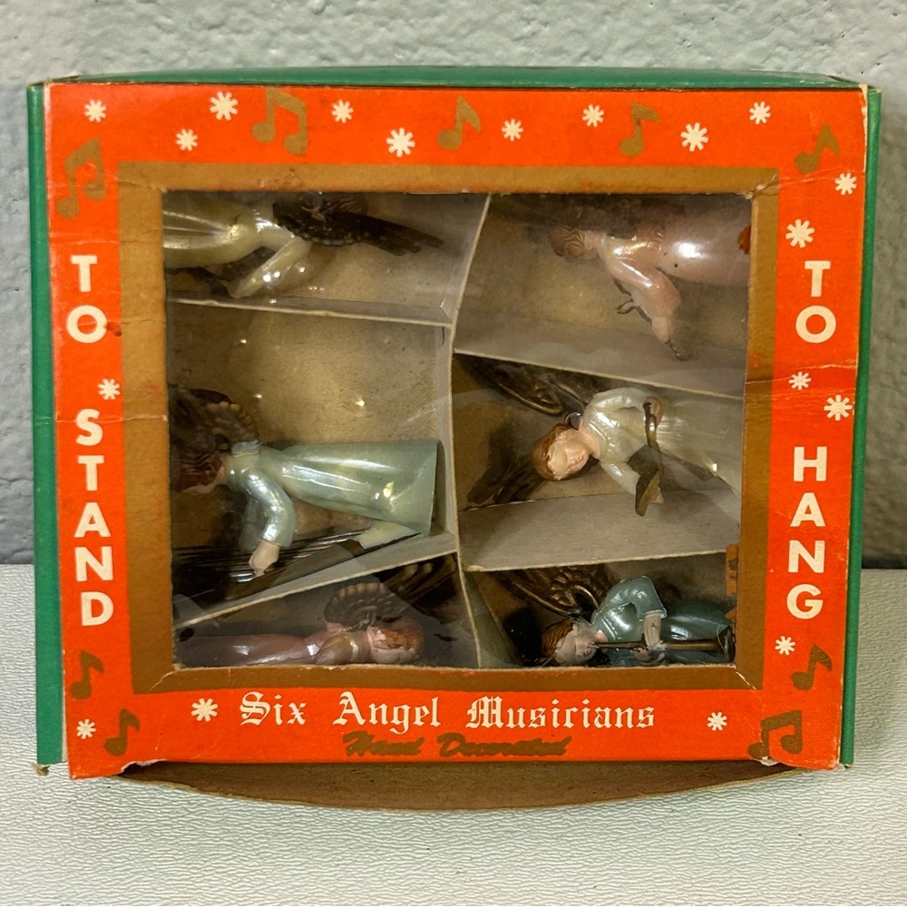 VTG 6 Angel Musicians Ornaments Hand Decorated Box Set Hong Kong Hang Or Stand